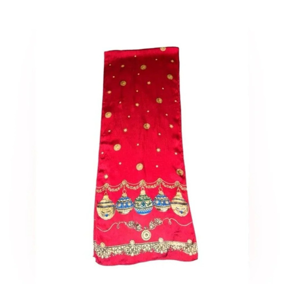 Echo Festive Red Background with Holiday Ornaments Silk Oblong Scarf Rare - Picture 4 of 5
